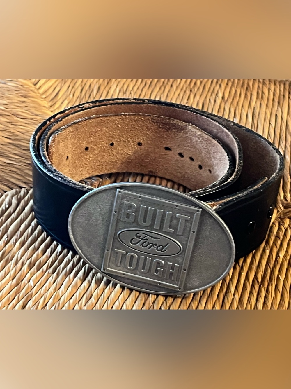 Vintage Built Ford Tough Belt Buckle Made In Canada Cowhide Leather Belt Size 33